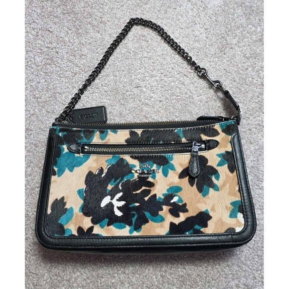 Coach Leaf Nolita 24 Printed Black/Tan Leather Handbag Clutch Wristlet F58412